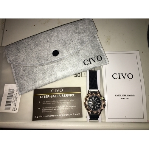 216 - NEW CASED CIVO Ladies Watch Designer Womens Waterproof Black Spin Face