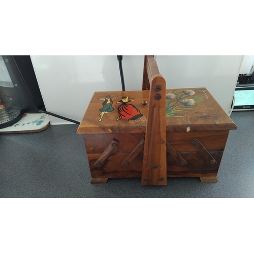 446 - SPANISH WOODEN CANTILEVER SEWING BOX