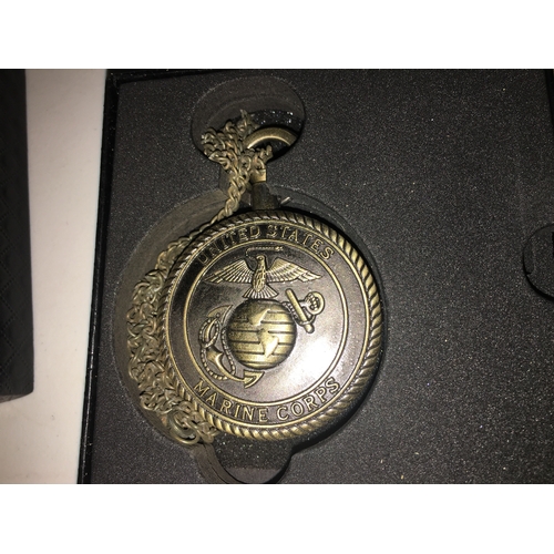 232 - NEW BOXED MORFONG UNITED STATES MARINE CORE CASING POCKET WATCH WITH CHAIN AND ALBERT WITH CASE IN P... 