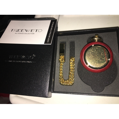 248 - NEW BOXED TREEWETO WOODEN POCKET WATCH WITH ALBERT