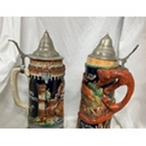 506 - TWO VERY NICE GERMAN TANKARDS WITH FOX HANDLE AND SCENIC LIDDED