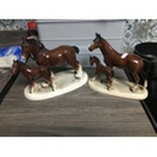 440 - TWO COLLECTIBLE HORSE FIGURINES ON PLINTHE SHIRE HORSE WITH FOAL, AND MARE AND FOAL WITH IDENTICAL M... 