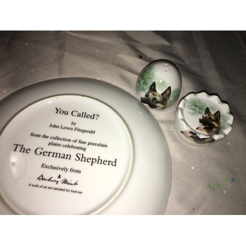 408 - DANBURY MINT GERMAN SHEPHERD PLATE AND EGG SHAPED GERMAN SHEPHERD SALT AND PEPPER