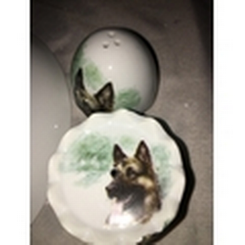 408 - DANBURY MINT GERMAN SHEPHERD PLATE AND EGG SHAPED GERMAN SHEPHERD SALT AND PEPPER