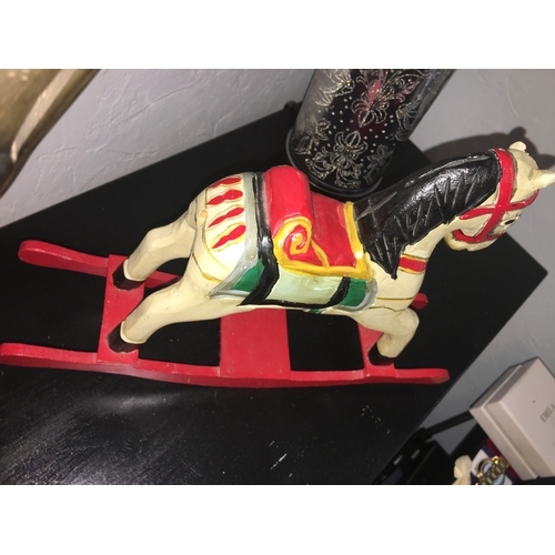 381 - HORN TOUCAN BIRD AND WOODEN ROCKING HORSE