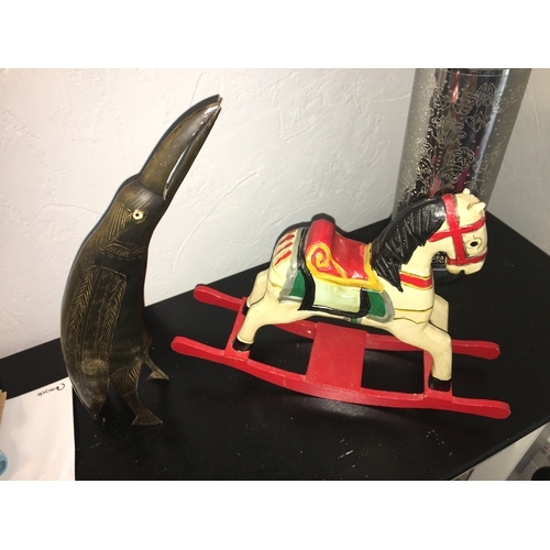 381 - HORN TOUCAN BIRD AND WOODEN ROCKING HORSE