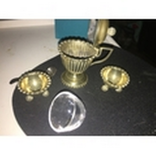 291 - VERY VERY NICE PLATED CRUET SET ON ACORN FEET WITH CRIMPED EDGE LIDDED SAUCE WITH SPOON