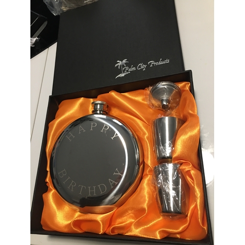 359 - NEW BOXED HAPPY BIRTHDAY HIP FLASK WITH FUNNEL AND TO CUPS