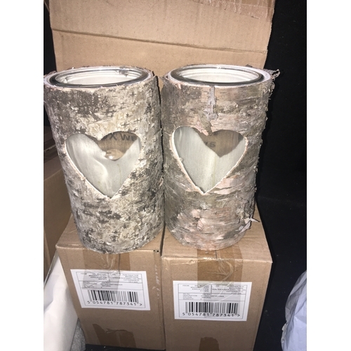 59 - NEW BOXED SET OF TWO BARK COVERED HEART GLASS CANDLE HOLDERS