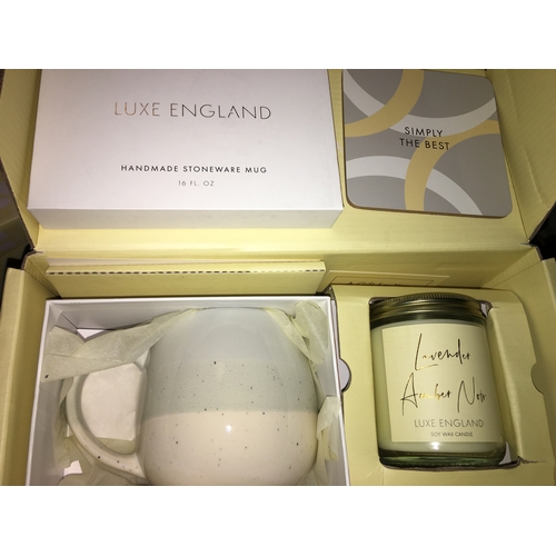 363 - NEW PRESENTATION BOXED LUXE ENGLAND GIFT SET LAVENDER CANDLE, MUG AND COASTER