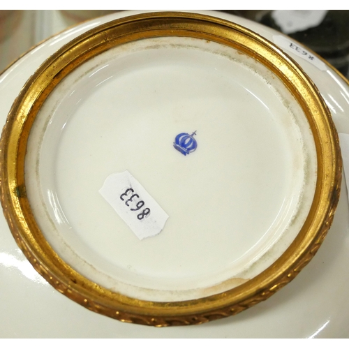 375 - VERY NICE Continental Painted Porcelain Dish with Gilt Metal Mounts, approx 18cm in diameter.