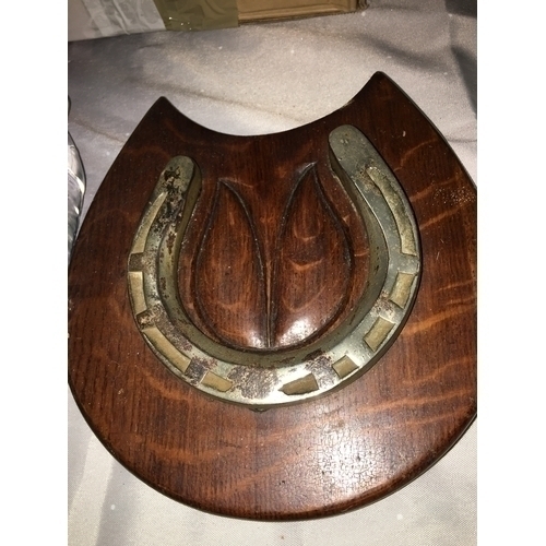 397 - VERY NICE LUCKY HORSE SHOE ON WOODEN HORSE SHOE PLAQUE WSITH HORSE SHAPED EARS IN THE MIDDLE