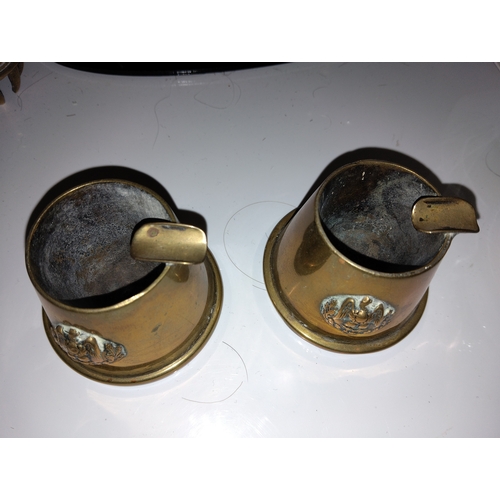 200B - NICE PAIR OF BRASS TRENCH WARE CRESTED ASH TRAYS