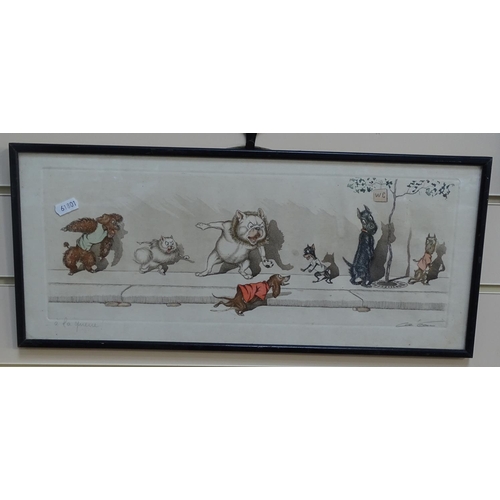 1018 - Boris O'Klein, the naughty dogs of Paris, 2 framed coloured etchings