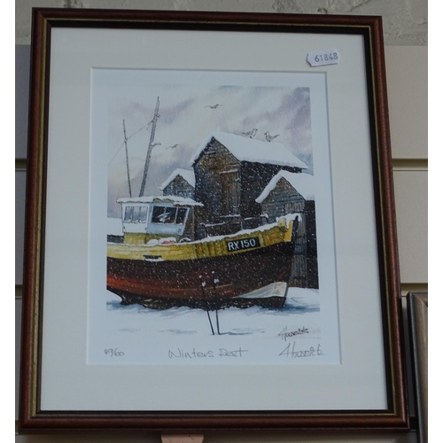 1020 - Eric Kaye, watercolour, Hastings fishing boats, and another by a different hand (2)