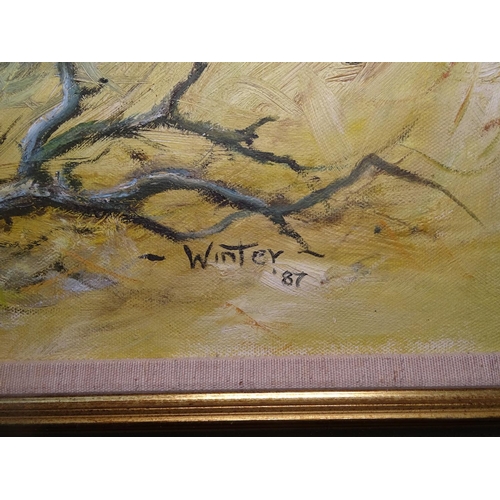 1023 - Winter, oil on canvas, Cape buffalo, signed and dated '87, 24