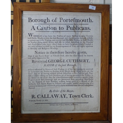 11 - A George III Borough of Portsmouth Caution to Publican's poster, published 1803, modern pine frame, ... 