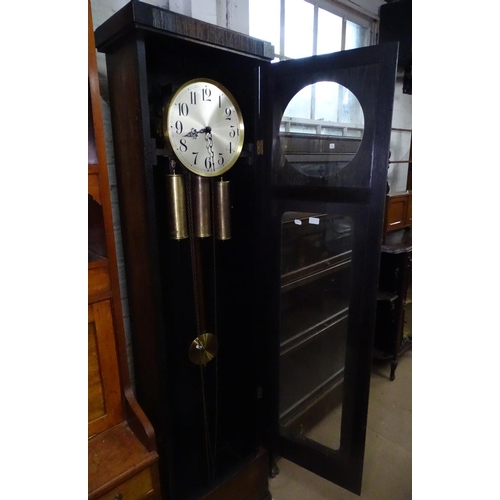 1114 - An Art Deco oak-cased 3-train clock, H191cm