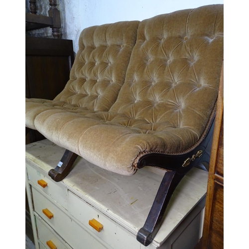 1119 - A pair of 19th century upholstered slipper chairs, with gilded decoration