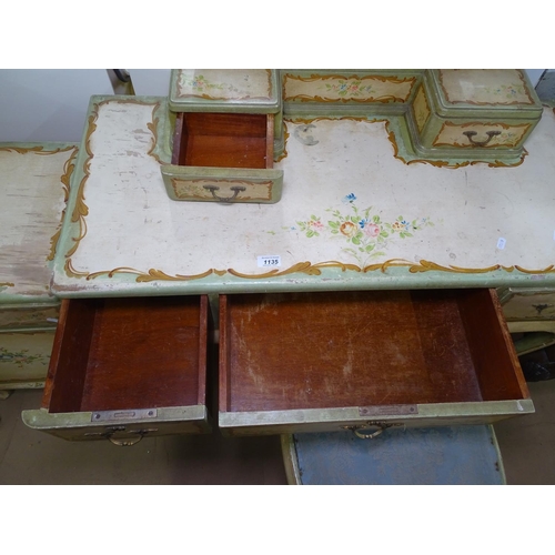 1135 - A cream and floral painted dressing table with swing mirror, a matching chair, and bedside cabinet