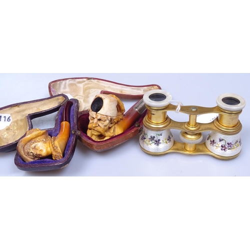 116 - Gilt-metal opera glasses with enamelled flowers, and 2 cased Meerschaum pipes with carved heads