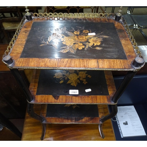 1161 - A 19th century Continental rosewood and ebonised 3-tier etagere, with a pierced brass gallery and ma... 