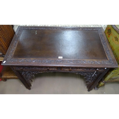 1168 - An Anglo-Indian hardwood writing desk, with 2 frieze drawers, and allover carved and pierced decorat... 