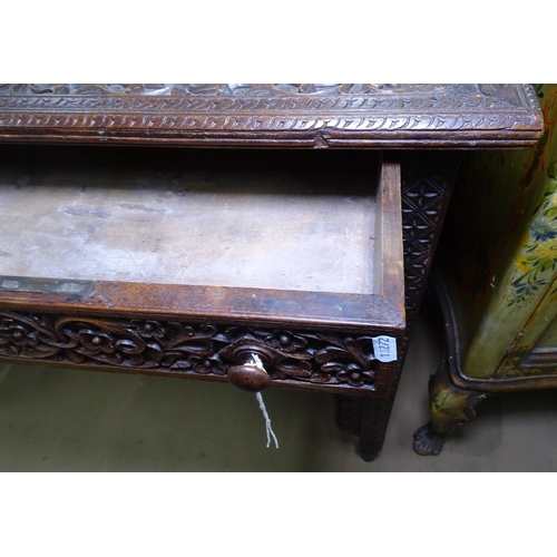 1168 - An Anglo-Indian hardwood writing desk, with 2 frieze drawers, and allover carved and pierced decorat... 