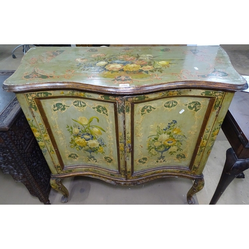 1169 - An Antique Continental serpentine floral painted cabinet, the 2 panelled doors opening to reveal 3 f... 