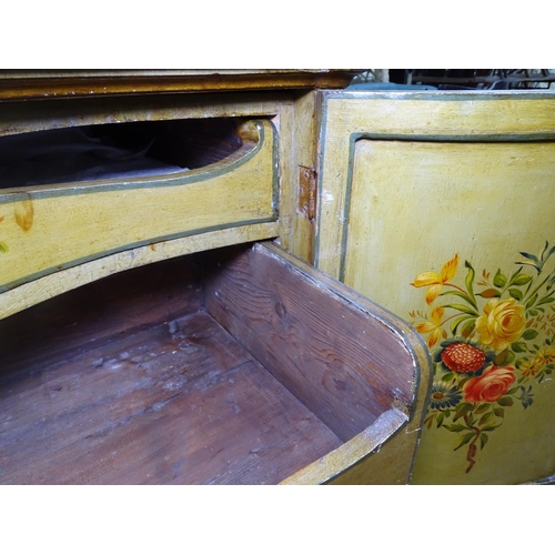 1169 - An Antique Continental serpentine floral painted cabinet, the 2 panelled doors opening to reveal 3 f... 