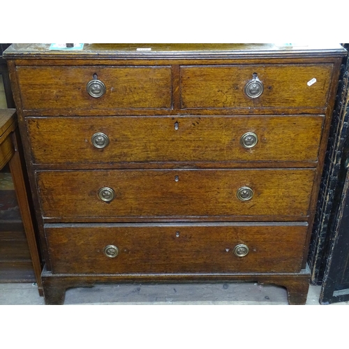 1184 - A Georgian oak chest of 2 short and 3 long drawers, on bracket feet, W92cm