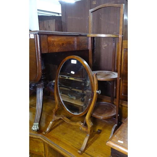 1217 - An inlaid mahogany swing toilet mirror, and a 3-tier folding cake stand