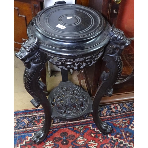 1226 - An Oriental design black lacquered jardiniere stand, raised on carved dragon design supports, H80cm,... 