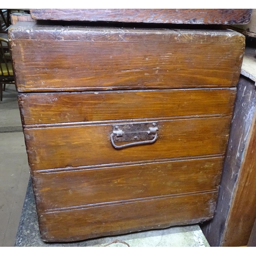 1242 - A stained pine 2-handled blanket chest, with brass mounts, W76cm