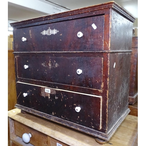 1249 - A small Antique stained pine 3-drawer chest, with ceramic handles, W66cm