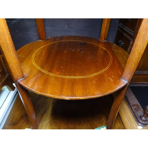 1255 - An Edwardian circular mahogany 2-tier occasional table, satinwood stringing, and a small footstool