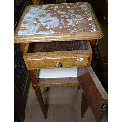 1274 - A French oak marble-top bedside cabinet, W38cm