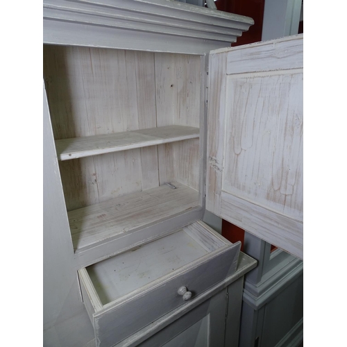 1323 - A grey and white painted cabinet, with panelled cupboards and drawer,W70cm, H173cm, and a painted si... 