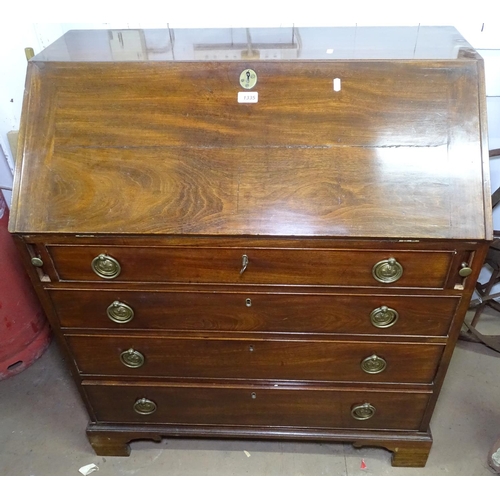 1335 - A George III mahogany bureau, fall front revealing a satinwood-banded fitted interior, with 4 long g... 