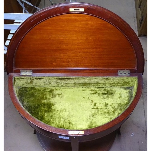 1344 - A mahogany demilune and ebony-banded side table, with a rising panelled lid and shelf under, W60cm