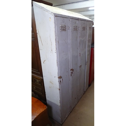 1349 - A bank of Vintage grey painted metal 4-door lockers, with canted top, W122cm, H182cm