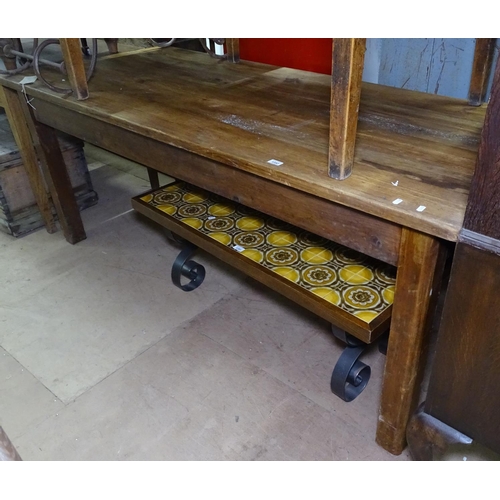 1352 - A large rectangular pine kitchen table, on square tapered legs, L200cm, D85cm, H77cm