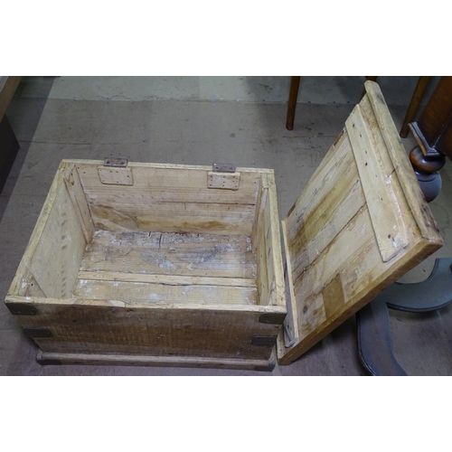 1353 - A small steel-bound pine box, W52cm