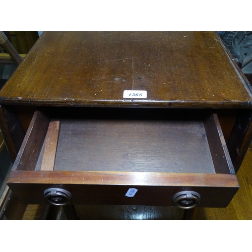 1365 - A Victorian mahogany drop leaf work table, with single drawer, raised on ring turned legs, ex proper... 