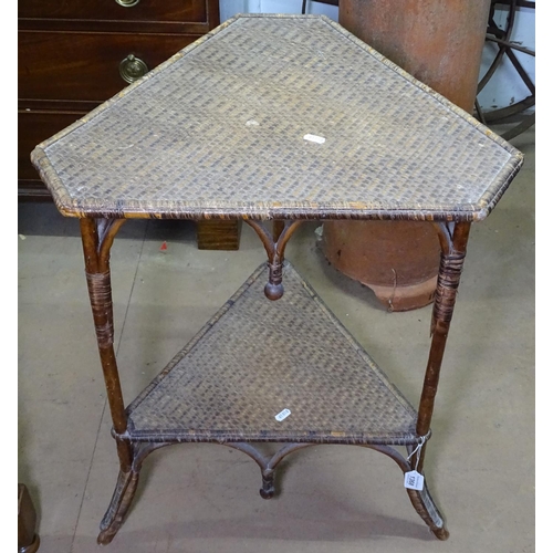 1368 - An Edwardian wicker and bamboo triangular 2-tier occasional table, W56cm