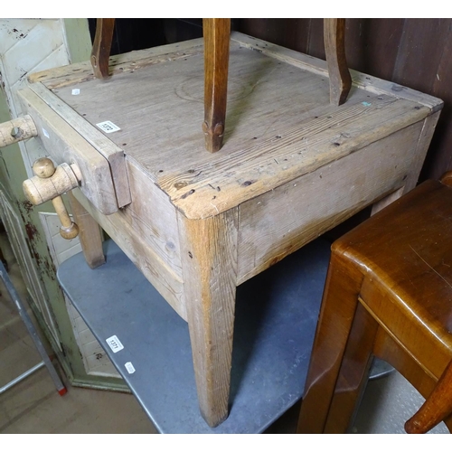 1372 - An unusual Victorian pine child's workbench with a clamp, W53cm