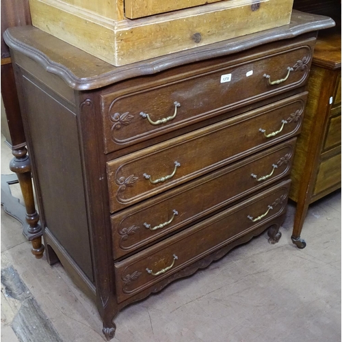 1378 - A French oak 4-drawer chest, on scrolled cabriole feet, W91cm