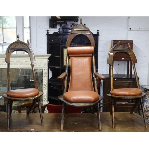 1416 - A Napoleonic camel saddle armchair and 2 matching side chairs, probably Egyptian 19th century