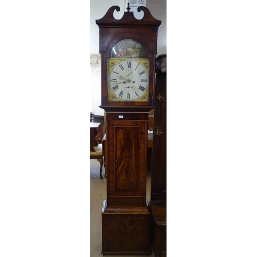 1456 - A 19th century mahogany-cased 8-day longcase clock with ornate painted dial, depicting a romantic sc... 