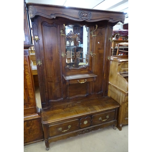 1457 - An early 20th century French panelled oak mirror-back hall stand, with drawer fitted base, W120cm, H... 